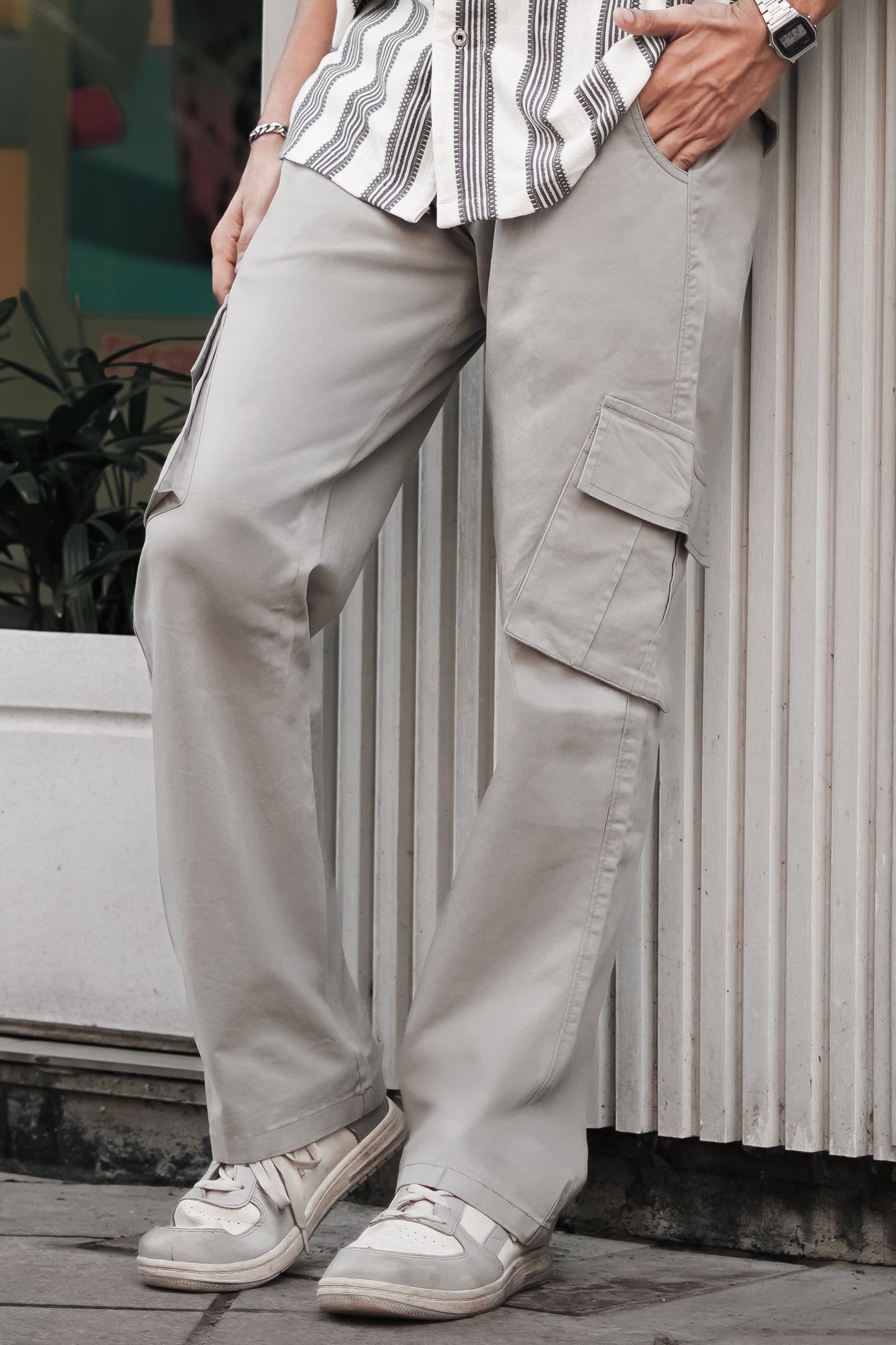 Stone Grey Mid Rise Relaxed Fit Cargo Pants