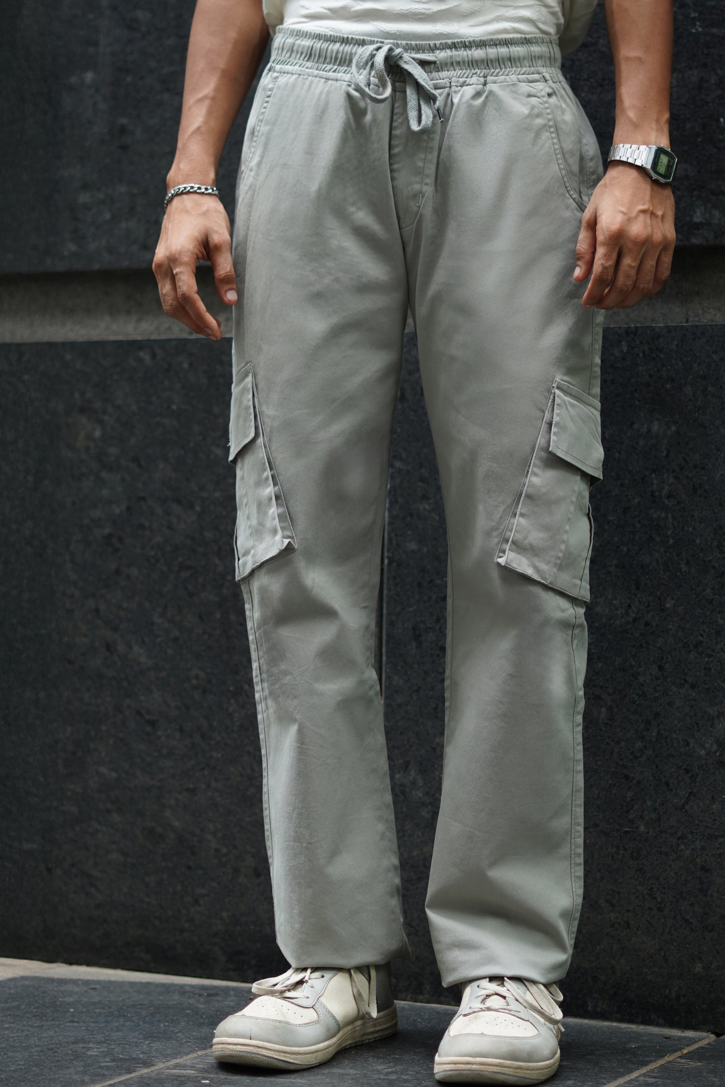 Stone Grey Mid Rise Relaxed Fit Cargo Pants