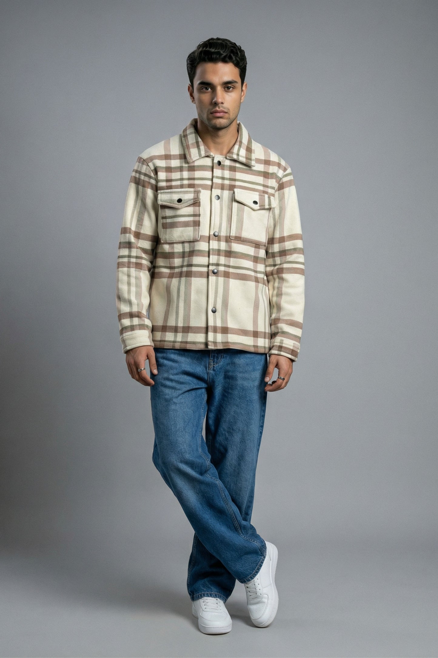 Neutral Check Shacket – Cream & Brown