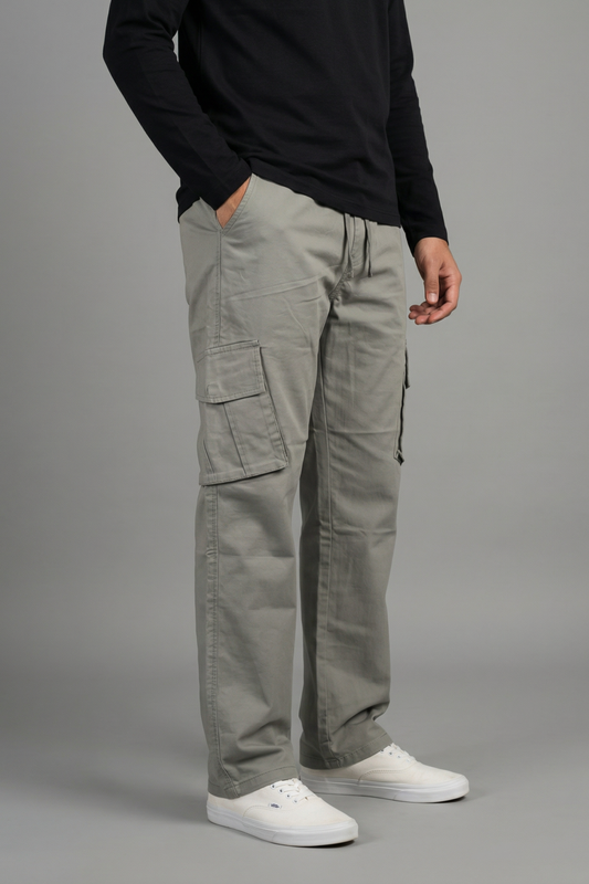 Stone Grey Mid Rise Relaxed Fit Cargo Pants